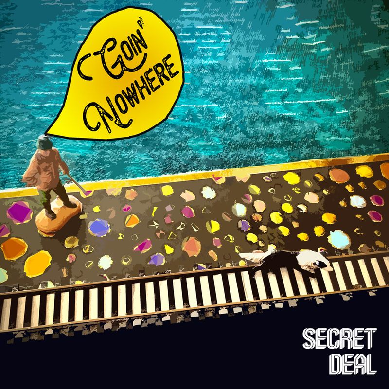 Stylised scene from the song's video. A model of a dog walker has a speech bubble that reads, "Goin' Nowhere", whilst his dog, Ruby, walks on a train track.